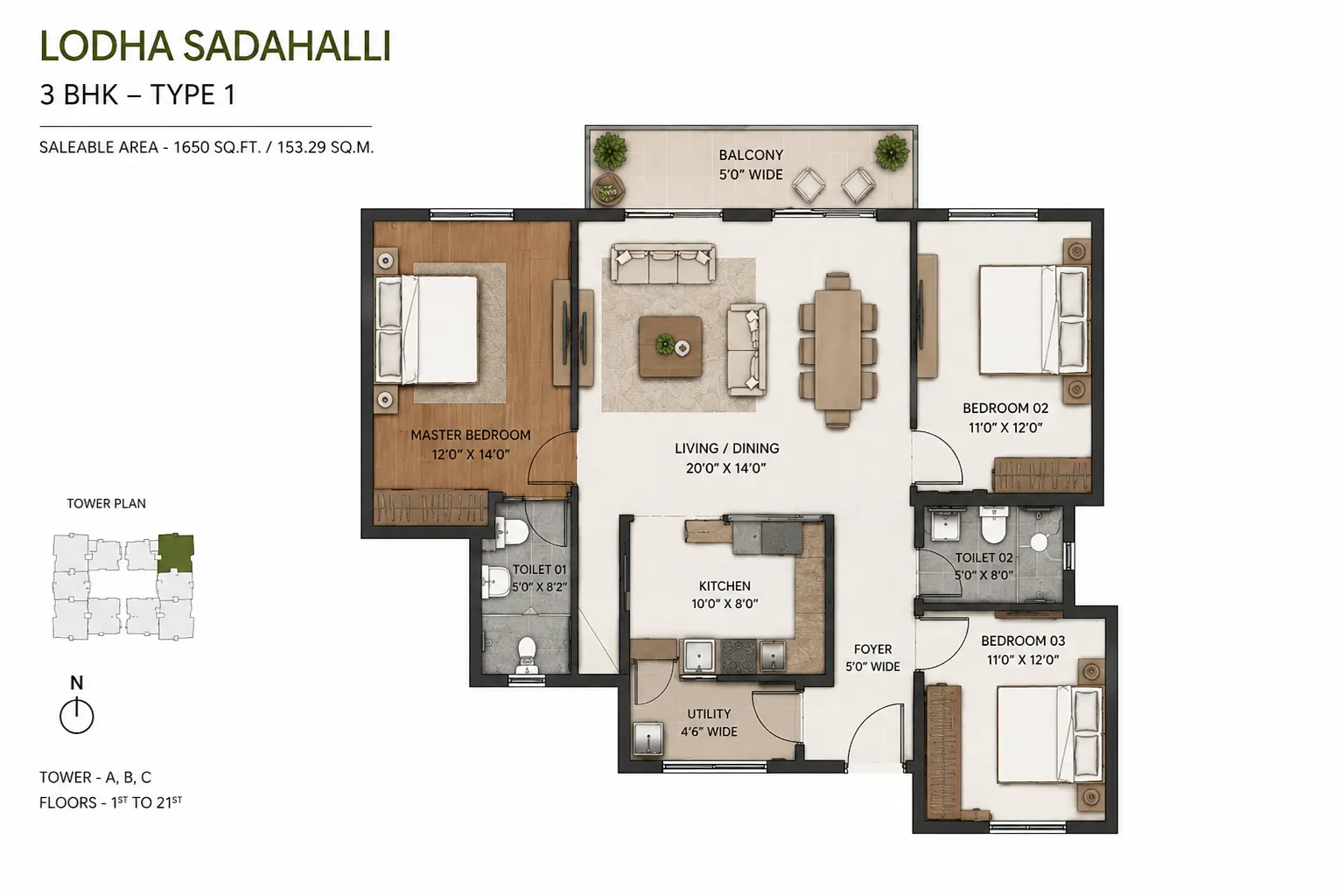 3 BHK Floor Plan Blueprint